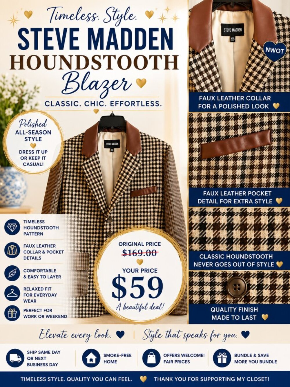 Steve Madden Houndstooth Blazer XXL Faux Leather Collar Brown Plaid Jacket